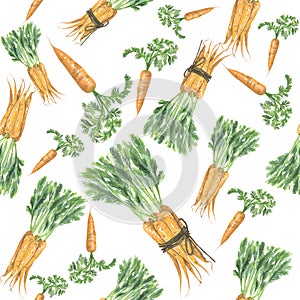 Seamless pattern Carrots. Watercolor painted collection of vegetables. Handmade fresh food design elements isolated