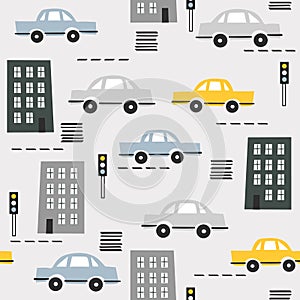 Colorful seamless pattern with cars, houses, traffic lights. Decorative background with funny transport. Automobile photo