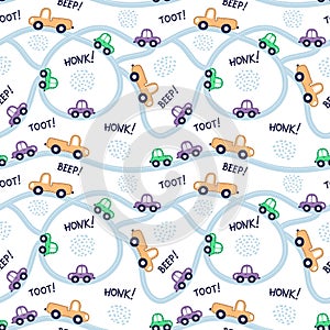 Seamless pattern with cars, road, words Toot, beep. Vector kids background photo