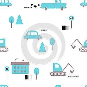 Seamless pattern: cars, truck, excavator, trees, house, sign on a white background. Flat vector.