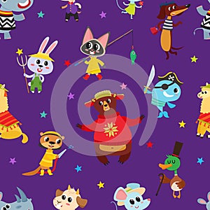 Seamless pattern with cartoon animals in costume isolated on violet