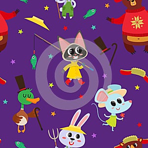 Seamless pattern with cartoon animals in costume isolated on violet