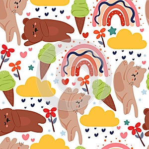 Seamless pattern cartoon animals and cute stuff for kids wallpaper, fabric print, gift wrapping paper.