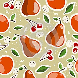 Seamless pattern with cartoon apple, pear, cherry, leaves, decor elements, dots on a neutral background. fruit theme. vector. hand