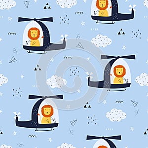 Seamless pattern Cartoon background with a lion driving a helicopter floating in the sky