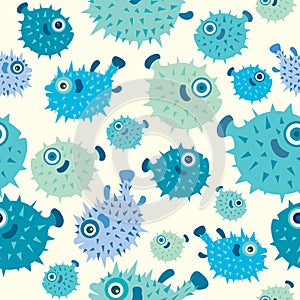 Seamless pattern with cartoon balloonfish.