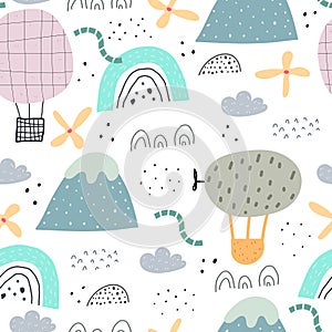 Seamless pattern with cartoon balloons, clouds, mountains, rainbows, decor elements. Colorful vector, flat style. HandÐµ RGB