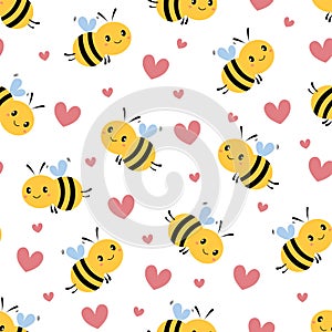 Seamless pattern with cartoon bee and heart on white background. Vector illustration.