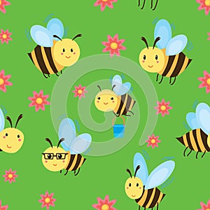 Seamless pattern with cartoon bees and flowers.