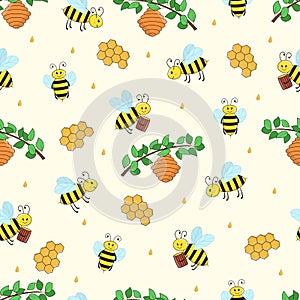 Seamless pattern of cartoon bees, hive and honey. Vector illustration Wallpaper background.