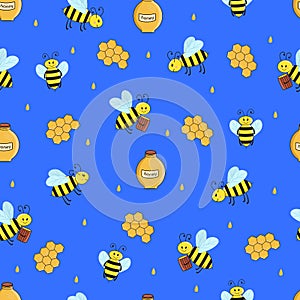 Seamless pattern of cartoon bees, hive and honey. Vector illustration Wallpaper background.