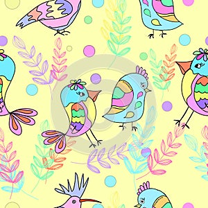 Seamless pattern with cartoon birds for design. Textile composition, hand drawn style print. Vector illustration