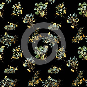 Seamless pattern, cartoon bouquet of golden leaves of good luck