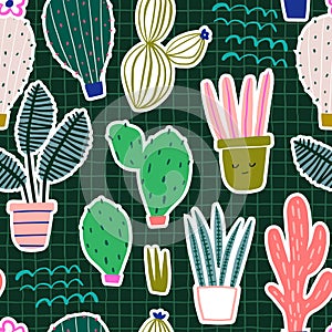 Seamless pattern with cartoon cactuses and plants in pots. Perfect for fabric,textile. Creative Vector background