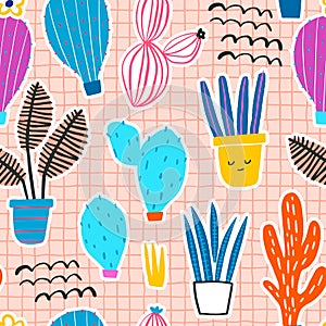 Seamless pattern with cartoon cactuses and plants in pots. Perfect for fabric,textile. Creative Vector background