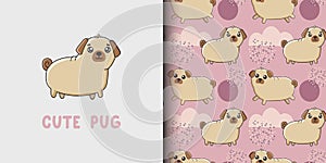 Seamless pattern and cartoon card with cute dog breed pug, clouds.