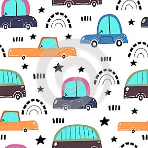 Seamless pattern with cartoon cars, decor elements. colorful vector for kids, flat style.