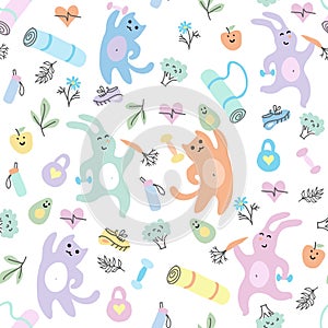 Seamless pattern with cartoon cat and bunny