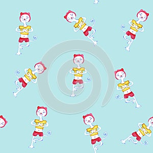 Seamless pattern with cartoon cat doing yoga. Symbol of a healthy lifestyle