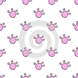 Seamless pattern with cartoon cat paws. Hand-drawn background. Vector illustration.