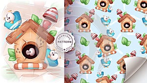 Seamless pattern cartoon character adorable birdhouse, pretty animal idea for print t-shirt, poster and kids envelope