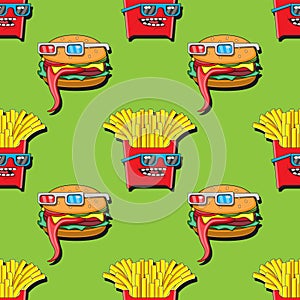 Seamless pattern cartoon character fries and Burger in glasses on a green background. Vector image