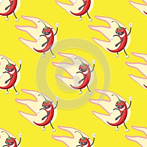 Seamless pattern with cartoon character pepper in the glasses and tie smiling at the fire on a yellow background. Vector image