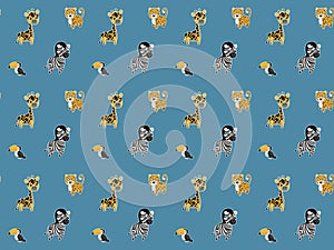 Seamless pattern of cartoon cheerful rainbow toucans, leopards, giraffes, and zebras with white outlines like stickers on a blue b