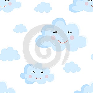 Seamless pattern of cartoon clouds in blue shades. Illustration for a boy at a baby shower party. Background for greeting or invit photo