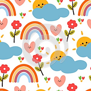 seamless pattern cartoon clouds, sun, rainbow and flower. cute wallpaper for textile, gift wrap paper