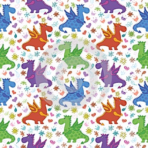 Seamless pattern, cartoon colorful Dragons