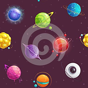 Seamless pattern with cartoon colorful fantasy planets.