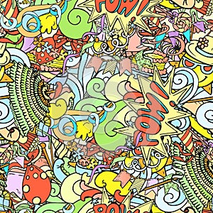Seamless pattern of cartoon colorful party objects hand drawn