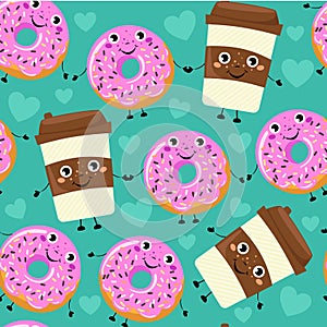 Seamless pattern from cartoon comic coffee cup and donut with smile face.