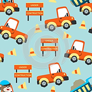 Seamless pattern cartoon of construction vehicles, construction signs with a funny worker, Creative vector childish background for