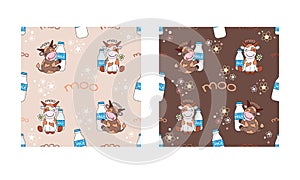 Seamless pattern with cartoon cows and milk bottles in two color options