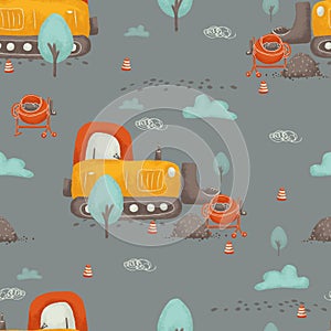 Seamless pattern of cartoon cute composition: construction vehicles