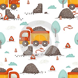 Seamless pattern of cartoon cute composition: construction vehicles