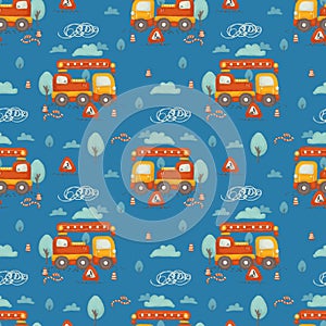 Seamless pattern of cartoon cute composition: construction vehicles