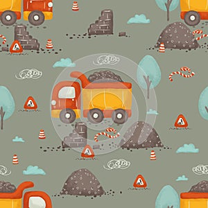 Seamless pattern of cartoon cute composition: construction vehicles