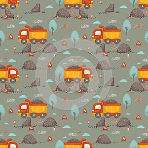 Seamless pattern of cartoon cute composition: construction vehicles