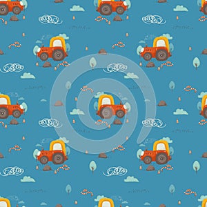Seamless pattern of cartoon cute composition: construction vehicles