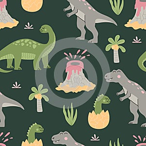 Seamless pattern with cartoon cute dinosaurs, tropical plants, palms