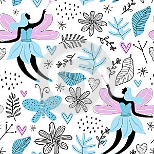 Seamless pattern with cartoon cute fairy, butterfly, flowers, leave and love isolated on white background. Fabric design for girls