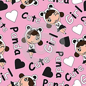 Seamless pattern cartoon with cute panda girls on pink background suitable for kid wallpaper