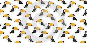 Seamless pattern of cartoon cute rainbow toucan characters with big yellow beak, smile and ruddy cheeks on white background. Exoti