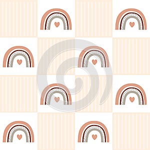 Seamless pattern with cartoon doodle rainbows on checkerboard background. Colorful nursery baby design for fabric, print
