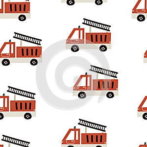 Seamless pattern with cartoon fire engines. Colorful vector flat style for kids. hand drawing.