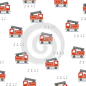 Seamless pattern with cartoon fire engines, decor elements. Colorful vector flat style for kids. hand drawing.