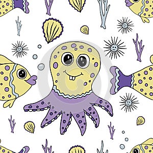 Seamless pattern with cartoon fish and octopus.